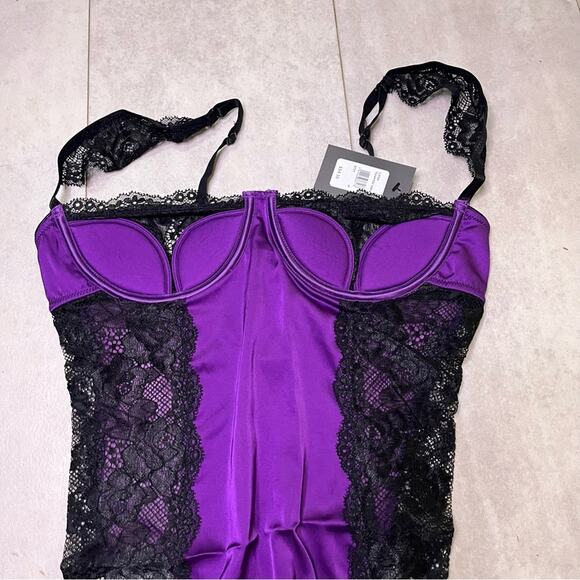 Fredericks of Hollywood Purple Black Ilana Lace Bodysuit Mesh Thong NWT Medium - Picture 3 of 15